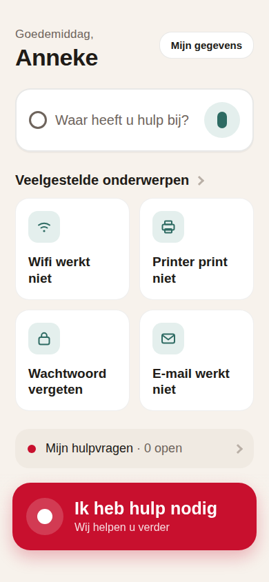 Startscherm van de Rode Knop-app: hulp zoeken, veelgestelde onderwerpen en de rode hulpknop